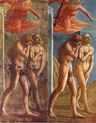 Adam og Eva i Brancaccis Kapel. 
Forholdet til kroppen har ændret sig gennem historien. I den oprindelige fresco fra omkr. 1425 var figurerne vist utilsløret. I 1700'tallet blev de 